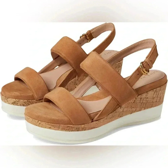 Cole Haan Wedge Sandals Brown Suede Strap Buckle Closure NWB Size 11 Comfort - Picture 1 of 11